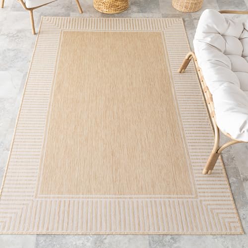 Nuloom Asha Tan/Ivory, 5' x 8', Casual, Striped Border, Soft and Cozy, High Traffic, Stain Resistant, Easy Clean, Durable Area Rug for Indoor/Outdoor Patio, Deck, Porch, Garden, Courtyard Image