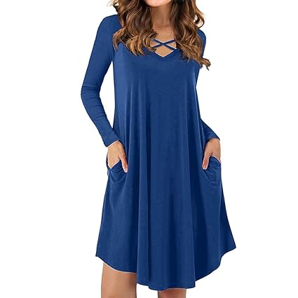 MRULIC Frauen Criss Cross Casual Dress Damen Langarm Swing Saum V-Ausschnitt Lose T-Shirt Kleider mit Taschen