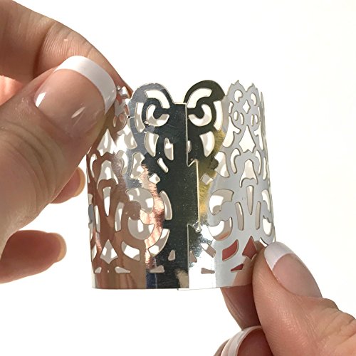 Frux Home and Yard Votive Candle Holders - Flameless Tea Light Votive Wraps- 48 Silver Colored Laser Cut Decorative Wraps Flickering LED Battery Tealight Candles (not Included) - Thumbnail 3