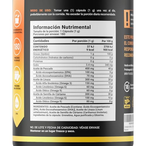 B Life Omega 3-6-9 con 180 Cápsulas | Concentración de EPA y DHA | 1000 mg con Aceite de Pescado, Linaza y Cártamo | Mezcla Completa de Ácidos Grasos Esenciales.