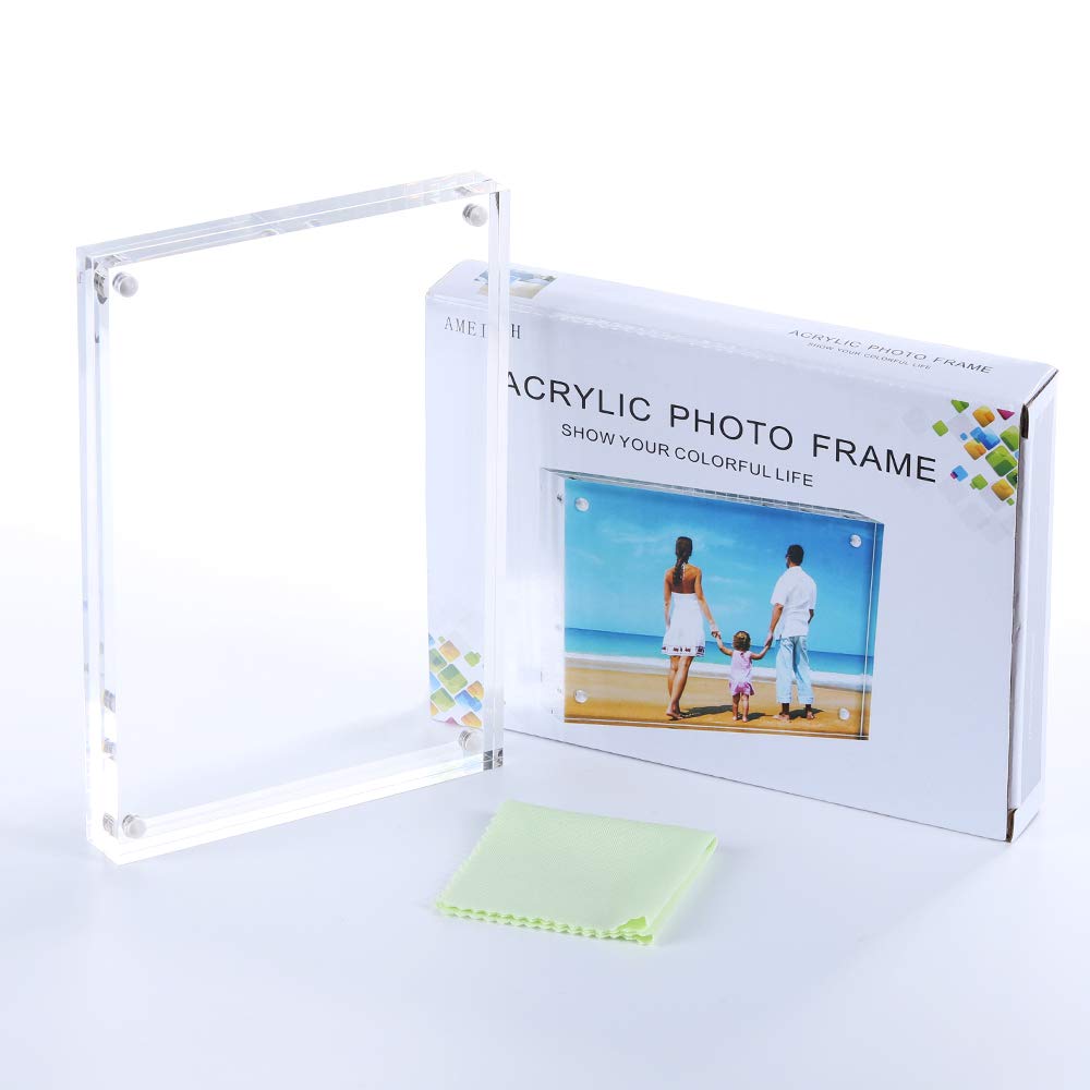 Acrylic Picture Frames, 4x6\'\' Clear Double Sided Block Set, Desktop Frameless Magnetic Photo Frame
