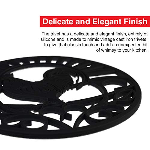 Silicone Trivet Set For Hot Dishes | Modern Kitchen Hot Pads For Pots & Pans | Country Rooster Design (Symbol of Prosperity & Good Luck) Mimics Cast Iron Trivets | 7.5" Round, Set of 3, Black - Thumbnail 4