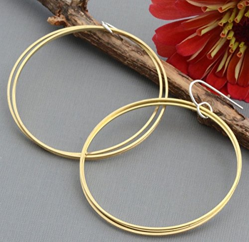 Large thin triple gold brass hoop dangle earrings lightweight 2 inch round hypoallergenic nickel free - Thumbnail 7