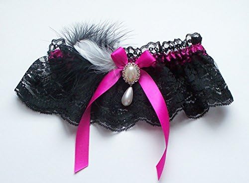 Black Lace Wedding Garter with Fuchsia Band and Bow, Black and Ivory Feather, Pearl and Crystal Detail - The TATIANA Garter