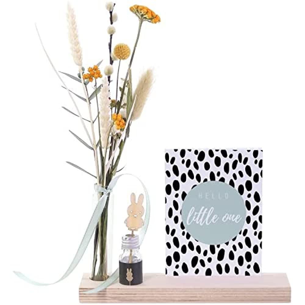 BloomPost BlooMemory Baby - Wooden standard with Dried flowers ± 30cm height & Fragrance stick - Blue tones - Designed by professional florists - Unique Letterbox Gift, Multicolour, (L046)