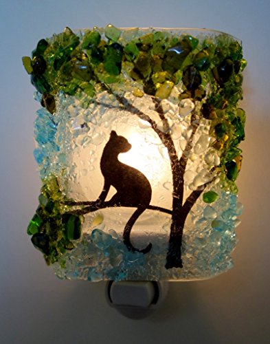 Cat in Tree Recycled Glass Night Light by Reborn Glass Nightlight, Nitelite, Nite Lite