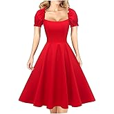 Hanpceirs Women's Puff Short Sleeve 1950s Party Dresses Square Neck Aline Dress with Pockets