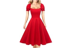 Hanpceirs Women's Puff Short Sleeve 1950s Party Dresses Square Neck Aline Dress with Pockets