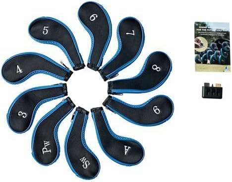 Golf Club Covers by ChampWagon | Zippered Neoprene Protectors for All Standard Clubs (10-Pack) + 3-in-1 Cleaning Tool + eBook with Beginner Golf Tips (Blue)