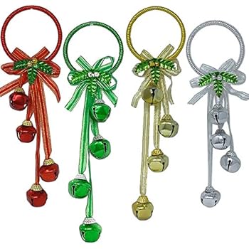 BANBERRY DESIGNS Christmas Door Hangers - Set of 4 Jingle Bell Hangers - Red, Green, Silver and Gold Finish -Door Knob Ornaments- Christmas Decorations
