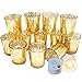 Gold Votive Candle Holder, Set of 12 – Bulk, Mercury Glass Finish Holders for Wedding Decorations, Home Décor, Table Centrepiece with 13 Battery Operated Bulb Flameless LED Tealight
