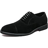 Mens Suede Leather Cap Toe Low Top Business Oxfords Modern Pointed Toe Lace-Up Low Chunky Heel Comfy Slip-On Derby Shoes for Business Formal Party Wedding