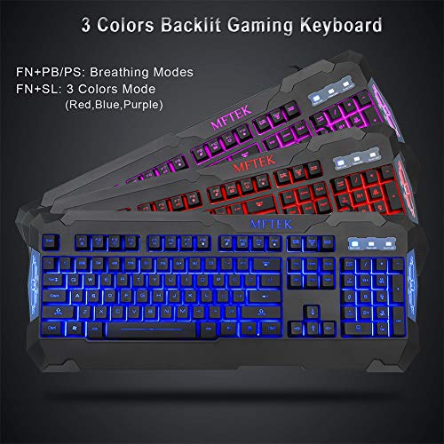 MFTEK Gaming Keyboard and Gaming Mouse Combo, USB Wired 104 Keys Keyboard, 3 Colors Red Blue Purple Backlit Gaming Keyboard, 6 Button Mouse + Mouse Pad for Computer PC Gamer Office