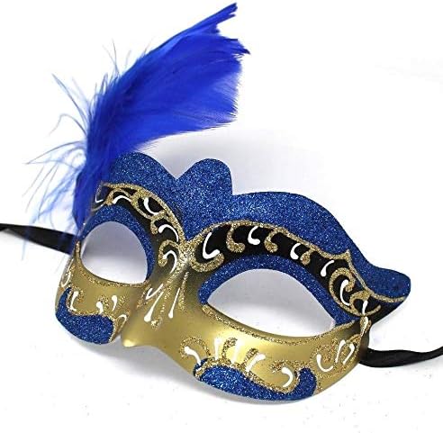 LADIES BLUE WHITE & GOLD VENETIAN MASQUERADE HALLOWEEN CARNIVAL PARTY EYE BALL FEATHER MASK, Blue White Gold, 7cm Deep - Image 4