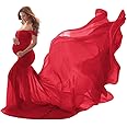 Women Maternity Dress for Photography Mermaid Off Shoulder Slim Fitted Chiffon Gown Flowy Baby Shower Maxi Photo Props Dress