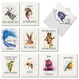 10 Watercolor 'Wildlife Expressions' Blank Animal Birthday Cards with Envelopes - Assorted Note Cards Featuring Funny Birthday Puns for Kids and Adults - Stationery Notecards 4 x 5.12 inch M2954BDB