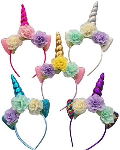 hololo 5PCS Glitter Unicorn Horn Headbands, Flowers Ears Headbands For Birthday Party Decoration Cosplay Halloween Costume