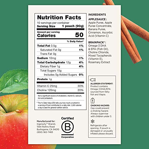 Brainiac Applesauce Pouches with Omega3s, Apple Cinnamon, 10 Count, 3.2 oz. Unsweetened