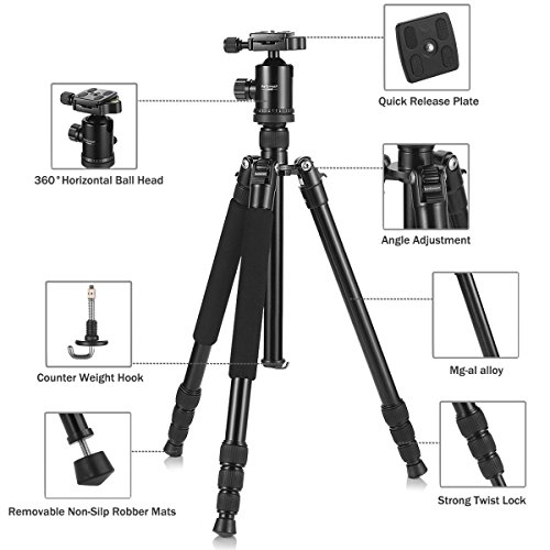 Camera-Tripod-KetDirect-BlackBlue-Aluminium-Compact-Portable-Lightweight-Professional-Camera-Tripods-For-Cameras-monopod-With-360-Degree-Ball-Head-and-Carry-Case-For-Canon-Nikon-Sony-Olympus-DSLR-Came