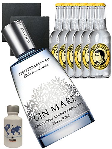 Gin-Set Gin Mare aus Spanien 0,7 Liter + Nordes Atlantic Gin 0,05 Liter Miniatur + 6 Thomas Henry Tonic Water 0,2 Liter + 2 S
