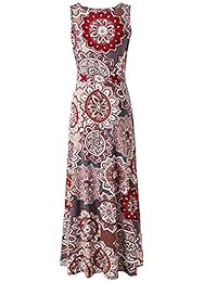 Yicool - Maxi vestido de verano para mujer, bohemio, estampado, casual, cuello en V, sin mangas