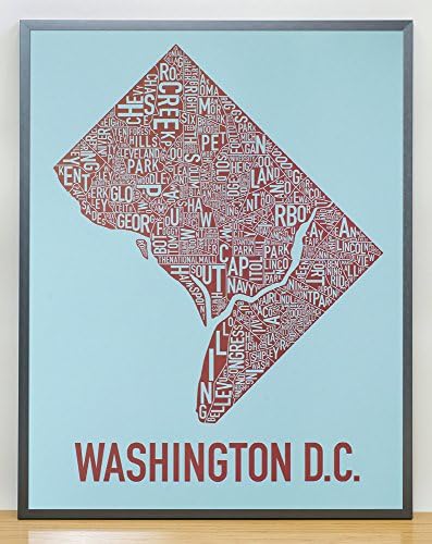 Framed Washington DC Neighborhoods Map Art Poster, Blue &amp; Red, 22" x 28" in Grey Frame