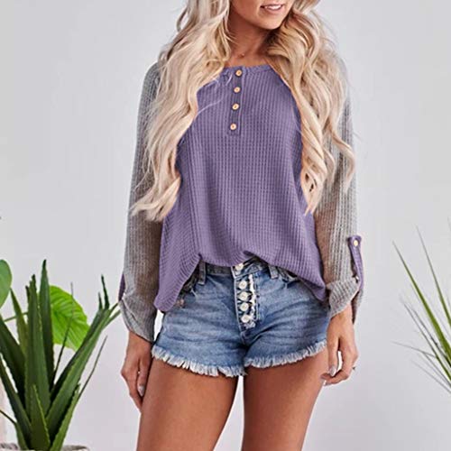 Meikosks Women Long Sleeve Blouses Splice Button Knit Pullover Long Sleeve Cowl Neck Tops T Shirt Purple
