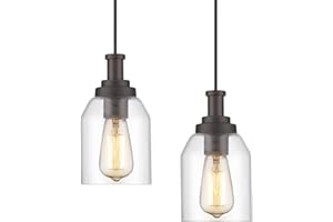 zeyu 2 Pack Farmhouse Pendant Light Fixtures, Industrial Hanging Light for Kitchen Island, Clear Glass Shade, Oil Rubbed Bronze Finish, ZG33M1L-2 ORB