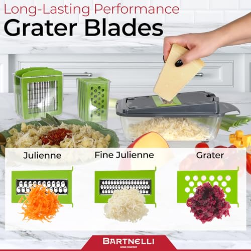 Bartnelli Cortador de vegetais Pro | 15 peças de utensílios de cozinha multifuncionais para cebola, vegetais, ralador de queijo, cortador de legumes com recipiente grande, fácil de limpar, com escova e garfo bônus
