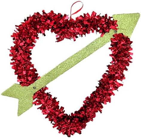 Red Tinsel Heart with Gold Glittered Cupids Arrow Hanging Valentines Decoration, 12 Inch