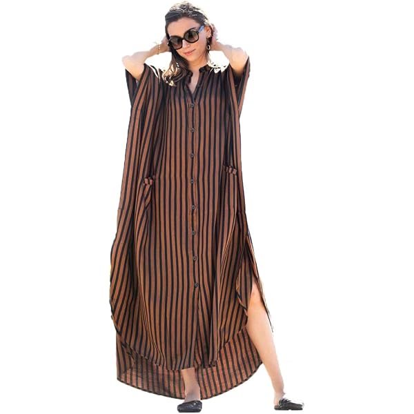 Women's V-Neck Bathing Suit Coverup - Striped Caftan Dress Beach Cover Up