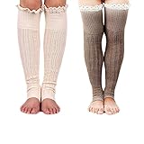 Spring Fever Crochet Lace Trim Cotton Knit Leg Warmers Boot Socks, Beige & Khaki