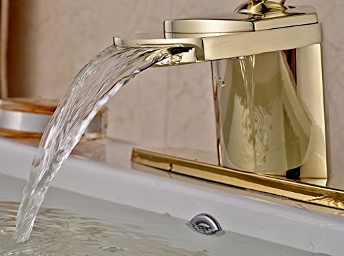Senlesen Gold Finish Waterfall Spout Single Lever Bathroom Sink Vanity Faucet with 8-inch Cover Plate - Thumbnail 2