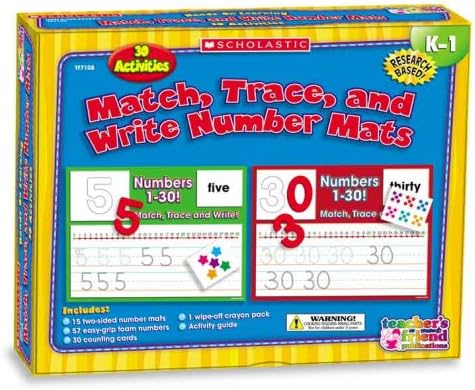 Match, Trace, and Write Numbers Mats K-1: 30 Activities [With 30 Counting Cards and 57 Easy-Grip Foam Numbers, Activity Guide and 1 Wipe-Off Crayon Pa (Scholastic Hands-On Learning)