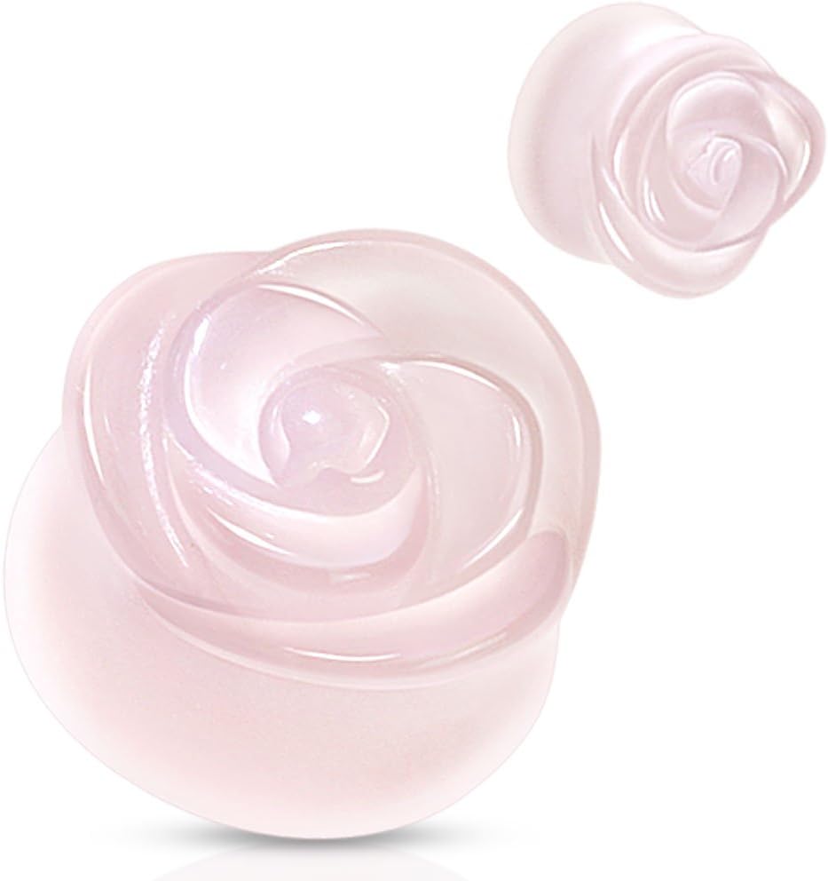 Dynamique Rose Design Carved On Rose Quartz Double Flared Plugs