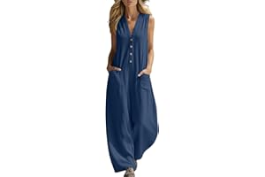 Generic Women's Summer Cotton Linen Jumpsuit Sleeveless Wide Leg Rompers V Neck Casual Overalls Beach Travel Vacation Outfits