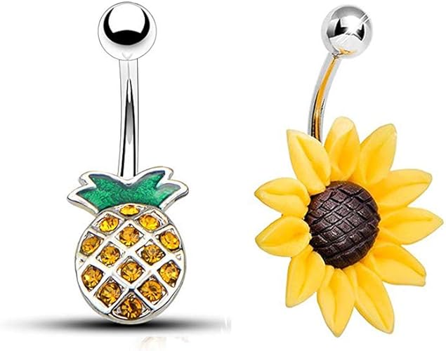 Amazon Com 2 5pcs Stainless Steel Dangle Belly Button Rings For Women Curved Navel Barbell Screw Body Jewelry Piercing 2pcs Sunflower Pineapple Clothing