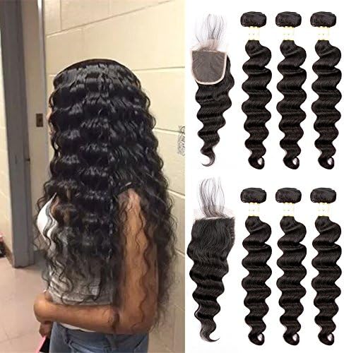 Ugrace Hair Bundles with Closure Loose Deep Wave with Closure Brazilian Virgin Hair Closure with Bundles Full and Thick Lace Closure with Bleached Knots Natural Color(14 16 18+14 Inch Free Part)