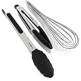 GuteKüchen Kitchen Tongs & Stainless Steel Whisk Set | 2 pcs Silicone Pinches with Locking Clip (9 Inch and 12 Inch) | Premium Balloon Wire Whip Tool (Black)