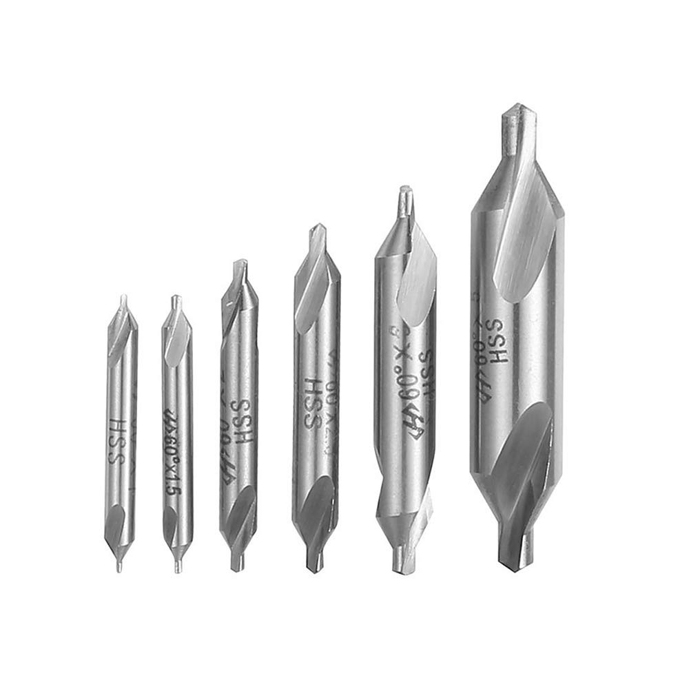 DingGreat 6Pcs HSS Center Drill Bits Set, 1/1.5/2/2.5/3/5mm 60 Degree Lathe Mill Combined Centre Drill Countersink Bit Suitable for Positioning and Chamfering Processing