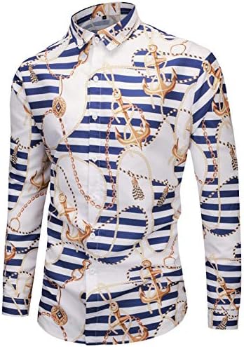 Ocean Plus Men's Long Sleeve Casual Shirts Colorful Pattern Button Down Banded Collar Shirt with Fashionable Print