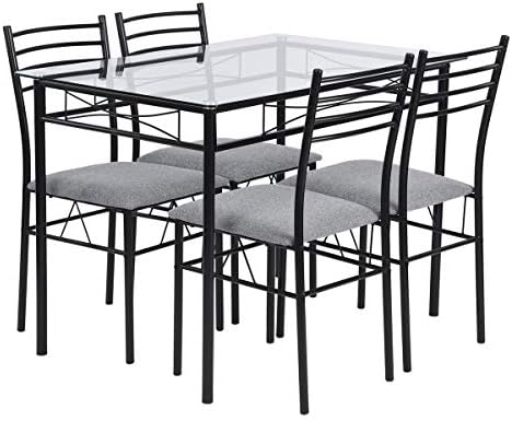 Warmcentre 5 Piece Table & Chair Set,Dining Kitchen Table and 4 Chairs with Tempered Glass Steel Tube Legs Dining Room Living Room Home Furniture,Black