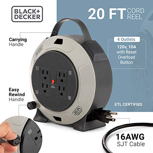 BLACK+DECKER Retractable Extension Cord, 20 ft, with 4 Outlets, 16AWG SJT Cable Compact Power