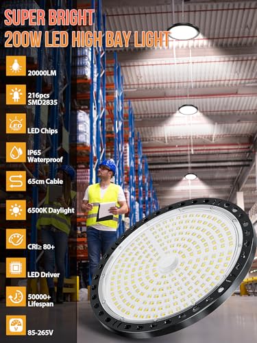 TASINUO - LED Garage Light 200 W, 2 Pieces, 20000 Lumen, UFO LED Garage Light, IP65, Waterproof, Outdoor Lamp, 7000 K, Cool White, Workshop, Warehouse, Basement, Factory,