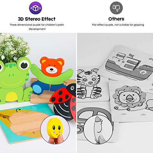 VSATEN Toddlers 3D Wooden Jigsaw Puzzles, Early Education Learning Toys Gifts Outdoor Indoor Toy with 8 Colorful Animals Patterns Safe Bright Shapes for Girls Boys 1 2 3 Years Old Kids (8 Packs)