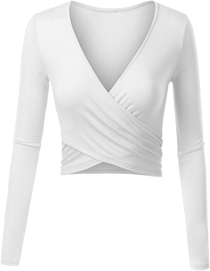 Tshirt Tops for Women,FULVM Women's Long Sleeve Unique Cross Wrap Deep V Neck Slim Fit Crop Tops White Medium
