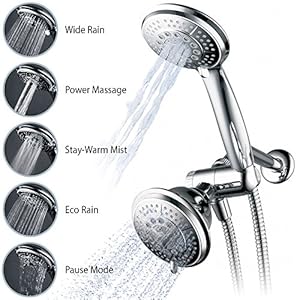 Hydroluxe 1433 Handheld Showerhead & Rain Shower Combo. High Pressure 24 Function 4″ Face Dual 2 in 1 Shower Head System with Stainless Steel Hose, Patented 3-way Water Diverter in All-Chrome Finish