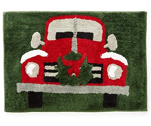 Christmas Bath Rug, Retro Winter Time Holiday Red Truck Design with Wreath Decoration, Seasonal Plush Tufted Polyester Bathroom Mat, 20 x 30 Inches Rectangle