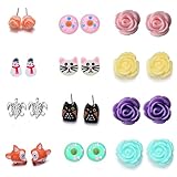 Onnea Animal Cat Owl Fox Donuts Flowers Small Stud Earrings Set for Kids(12 pairs/pack)