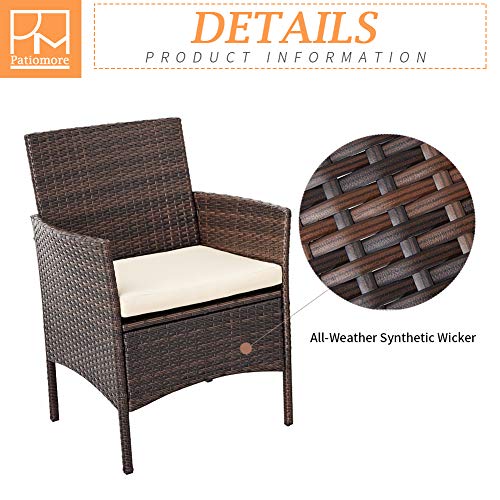 Patiomore 3 Pieces Outdoor Bistro Set Cushioned Furniture Set PE Wicker Patio Chairs with Coffee Table (Brown)